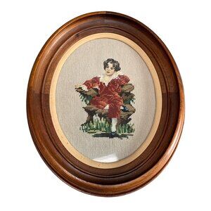 Vintage Oval Framed Needlepoint Art with Boy in Red Outfit 14x17